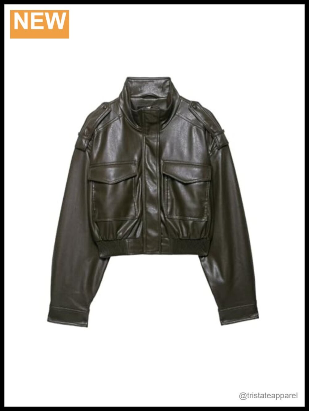 Women's Cropped Faux Leather Jacket Vintage Stand Collar Long Sleeve Zip Up
